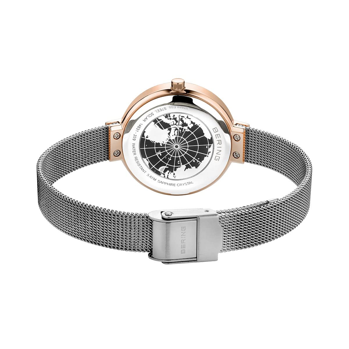 BERING 14631-369 Reloj solar para mujer con caja de acero inoxidable de 31 mm con acabado en oro rosa y esfera gris, correa milanesa, cristal de zafiro y resistencia al agua de 5 ATM