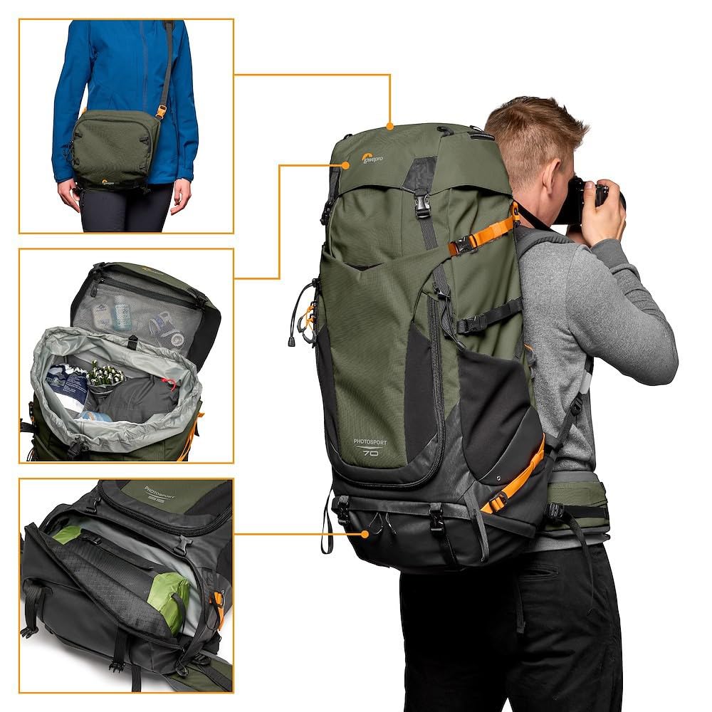 Lowepro PhotoSport PRO BP 70L AW IV - Mochila para cámaras réflex sin espejo, acceso delantero/trasero, compartimento extraíble para cámara, correas de accesorios, talla M/L, gris oscuro/verde