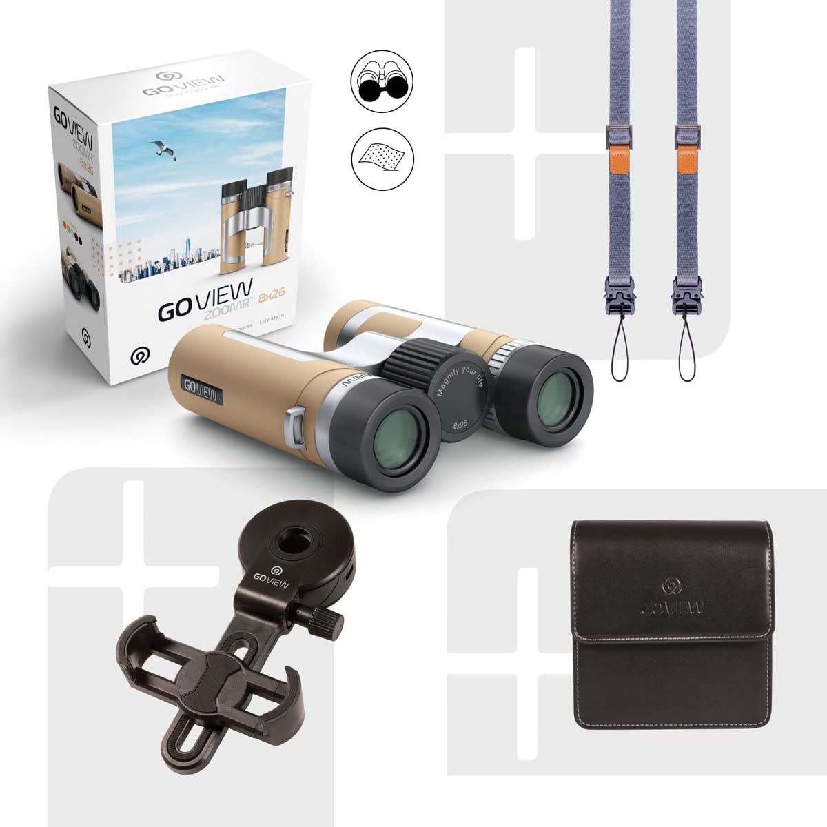 GoView ZOOMR 8x26 prismáticos pequeños y Ligeros (Aumento de 8X, Carcasa de magnesio, Incluye Adaptador para Smartphone y Accesorios) Light Marrón