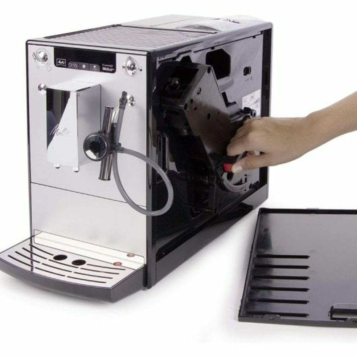 Melitta Solo&Perfect Milk E957-203, Cafetera Superautomática con Molinillo, Auto Capuchinador, 15 Bares, Café en Grano, Limpieza Automática, Personalizable, Plata