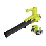 RYOBI - Soplador Eléctrico Inalámbrico Turbo Jet 18V One+ - Limpieza de Pasillos Exteriores, Terrazas, Jardines Pequeños y Medianos - 1 Batería de Litio 4Ah y 1 Cargador Rápido 1,5 A - RY18BLA-140