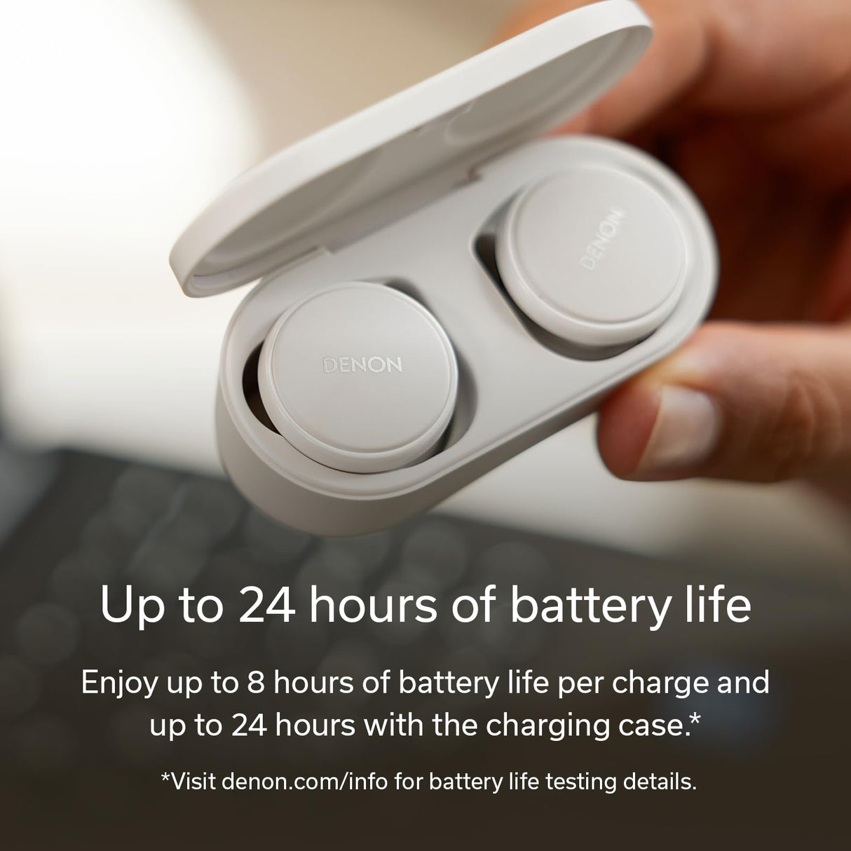 DENON PerL Pro True Wireless Earbuds, Perfil de Sonido Personalizado, Auriculares con cancelación de Ruido, Auriculares Resistentes al Agua, con micrófonos Integrados - Blanco