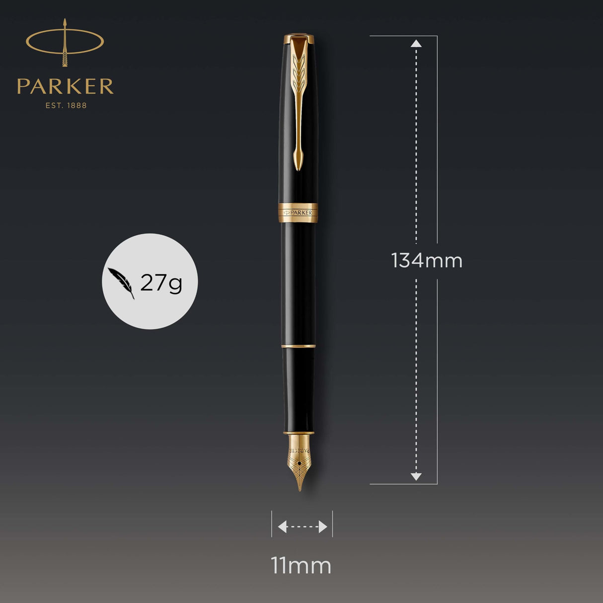 Parker Sonnet - Pluma estilográfica (lacada en negro, con adorno dorado y plumín de punto fino, en estuche)