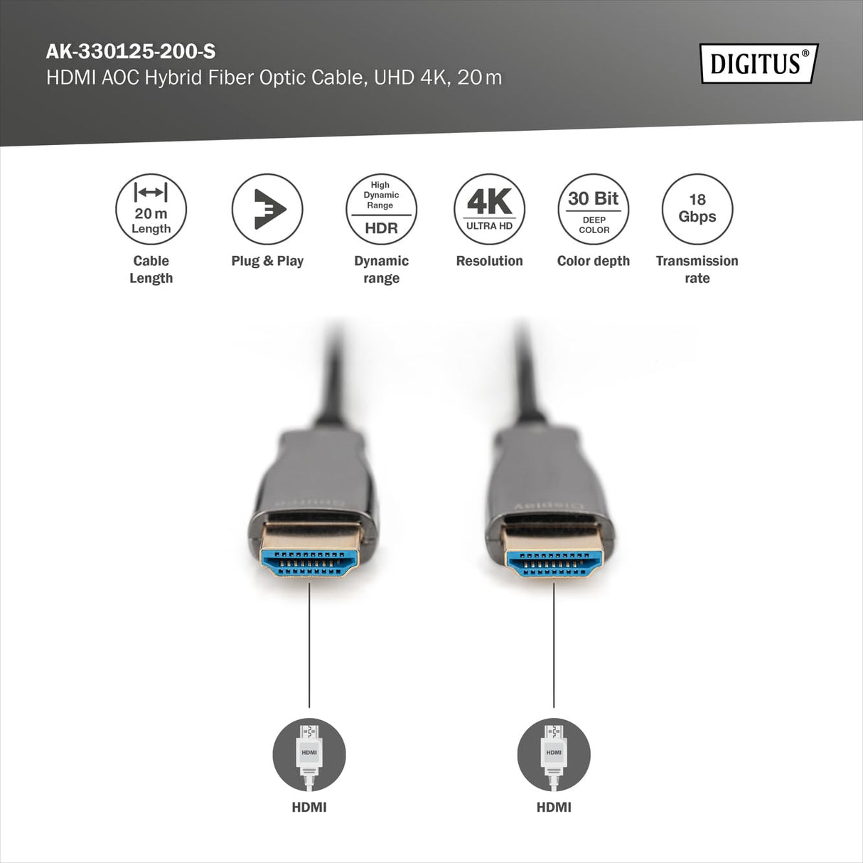 DIGITUS HDMI AOC Cable de fibra óptica híbrido - HDMI 2.0b - 20m - Ultra HD 4k/60Hz - canal Ethernet - HDR ARC HDCP 2.2 - compatible con TV/beamer/monitor - contactos chapados en oro - Negro