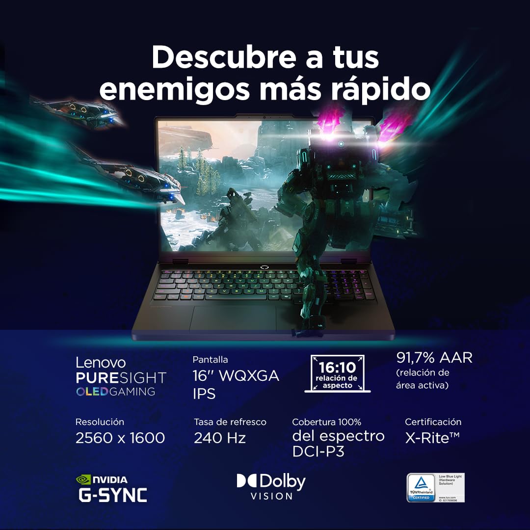 Lenovo Legion Pro 5 Gen10– Portátil Gaming IA 16" WQXGA (Intel Core i9-14900HX, NVIDIA GeForce RTX 5070, 32GB RAM, 1TB SSD, 240Hz, WiFi 6, Sin Sistema Operativo) QWERTY RGB 24 Zonas Español – Negro