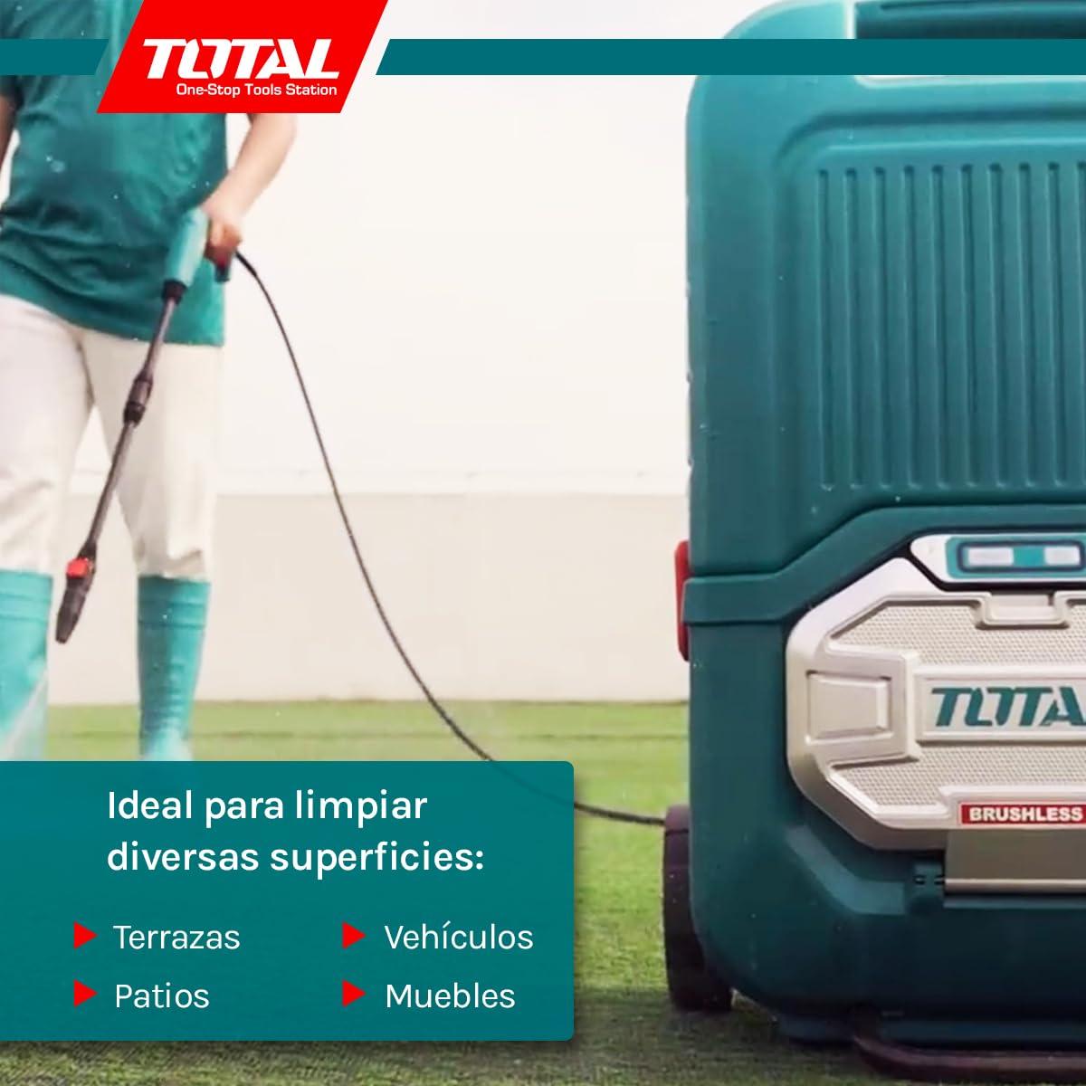 TOTAL - Hidrolimpiadora de Alta Presión a Batería TPWLI4006, 40V, 80 Bar, Volumen de 4 l/min, 3 Velocidades, Con Accesorios y Manguera, No incluye baterías ni cargador