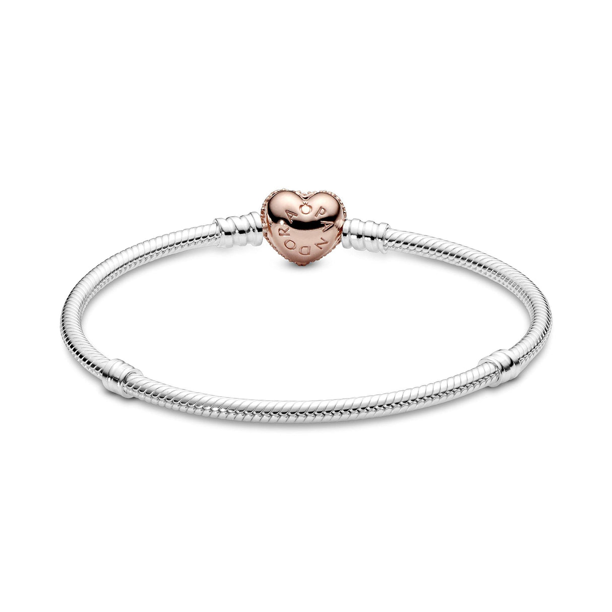 Pandora Icons Pulsera de plata con cadena de serpiente con cierre de corazón chapada en oro rosa de 14 quilates y circonitas cúbicas transparentes, 19