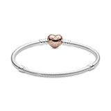 Pandora Icons Pulsera de plata con cadena de serpiente con cierre de corazón chapada en oro rosa de 14 quilates y circonitas cúbicas transparentes, 19