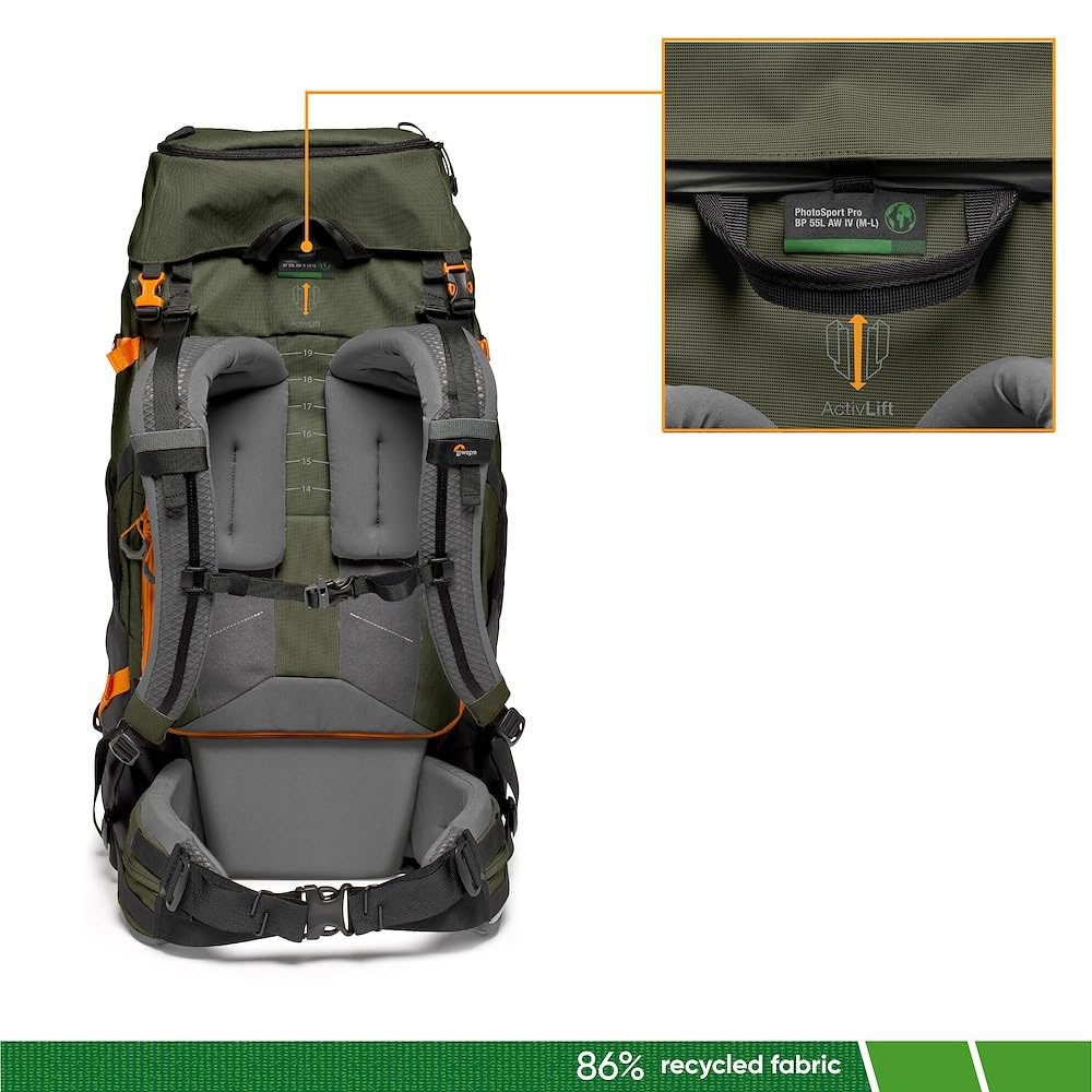 Lowepro PhotoSport PRO BP 55L AW IV - Mochila para cámaras réflex sin espejo, acceso delantero/trasero, compartimento extraíble para cámara, correas de accesorios, talla M/L, gris oscuro/verde