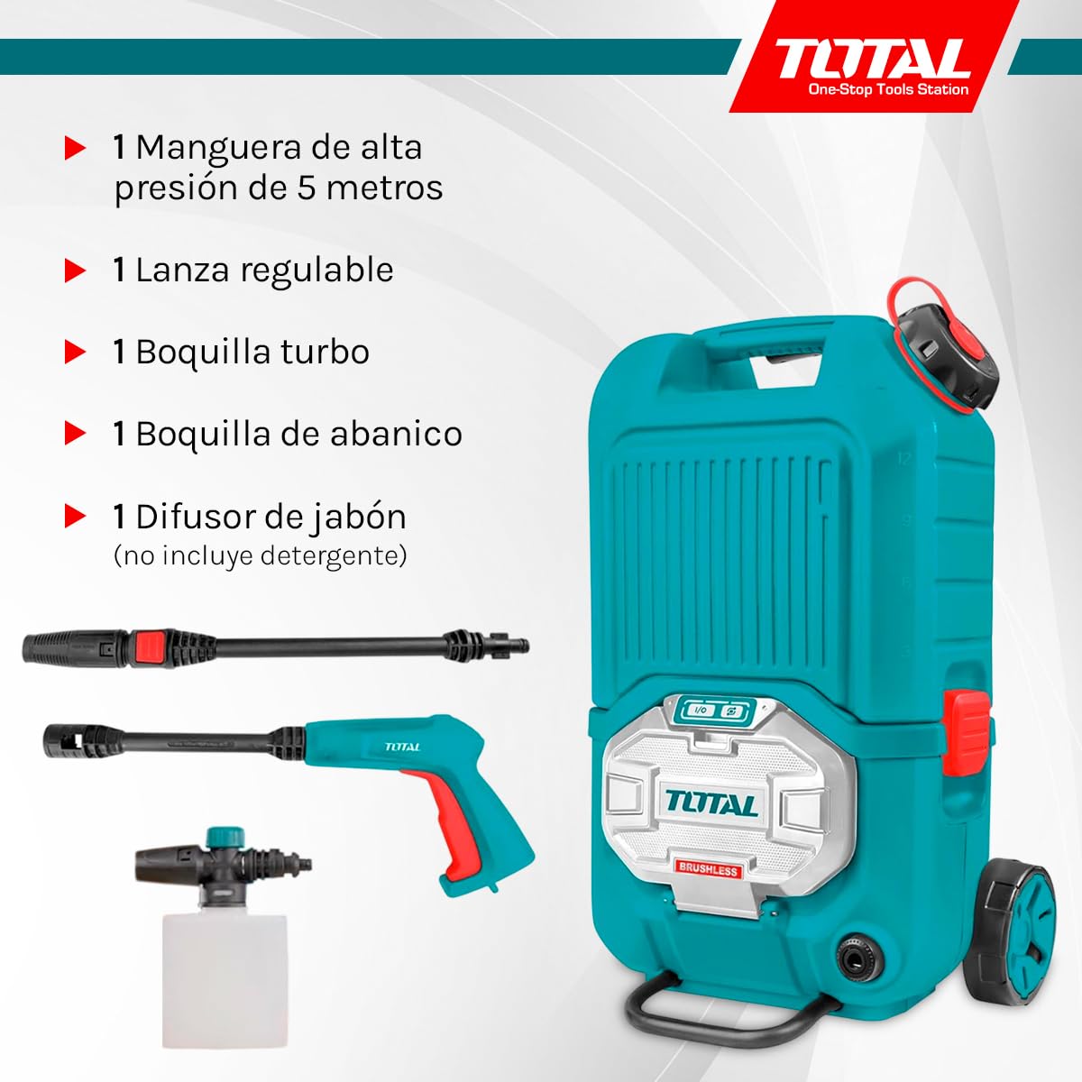 TOTAL - Hidrolimpiadora de Alta Presión a Batería TPWLI4006, 40V, 80 Bar, Volumen de 4 l/min, 3 Velocidades, Con Accesorios y Manguera, No incluye baterías ni cargador