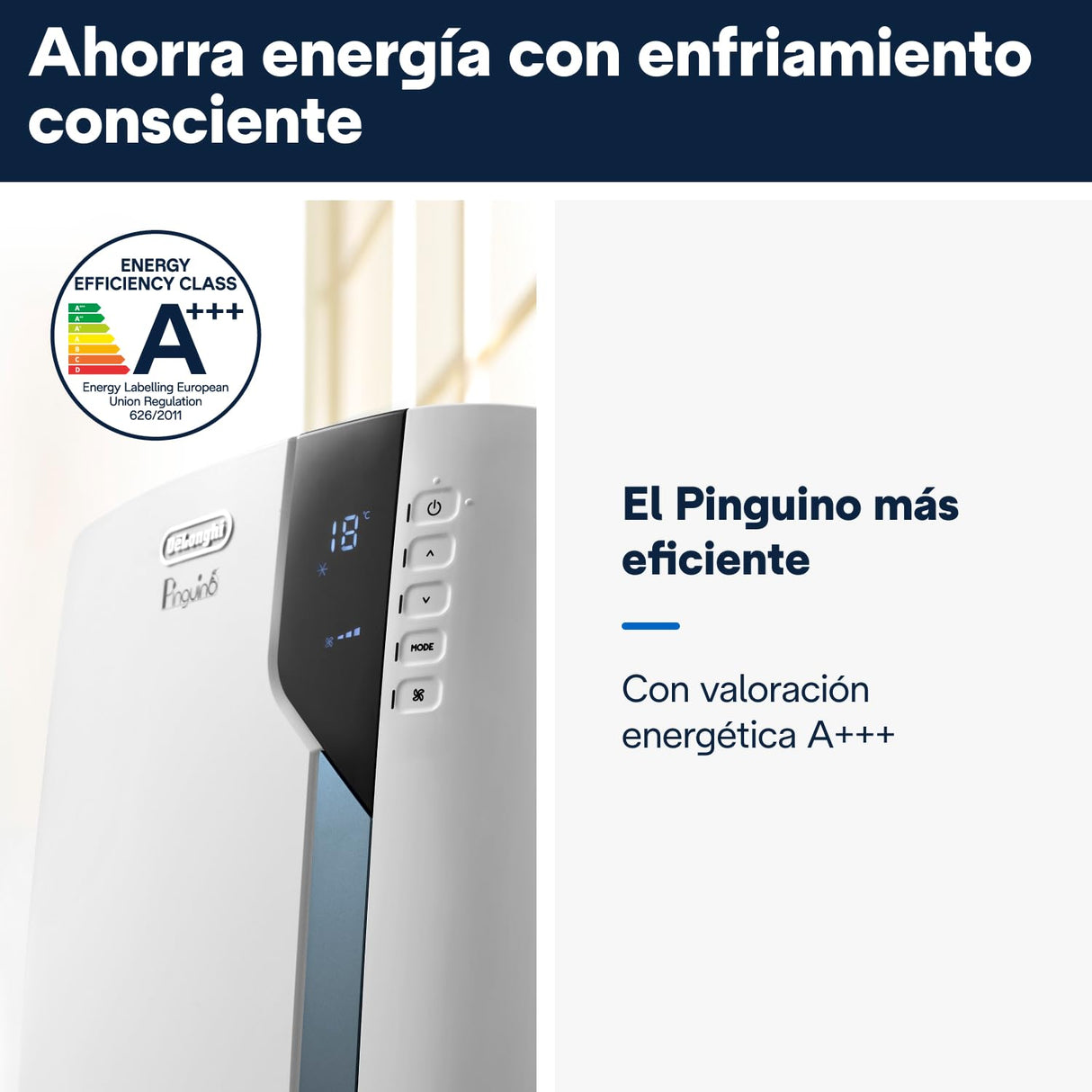 De'Longhi Pinguino PAC EX105+++, Aire Acondicionado Portátil con Tecnología EcoRealFeel, 10.000 BTU/h, 2,5kW, hasta 100m³, Función Deshumidificador y Ventilación, Clase A+++