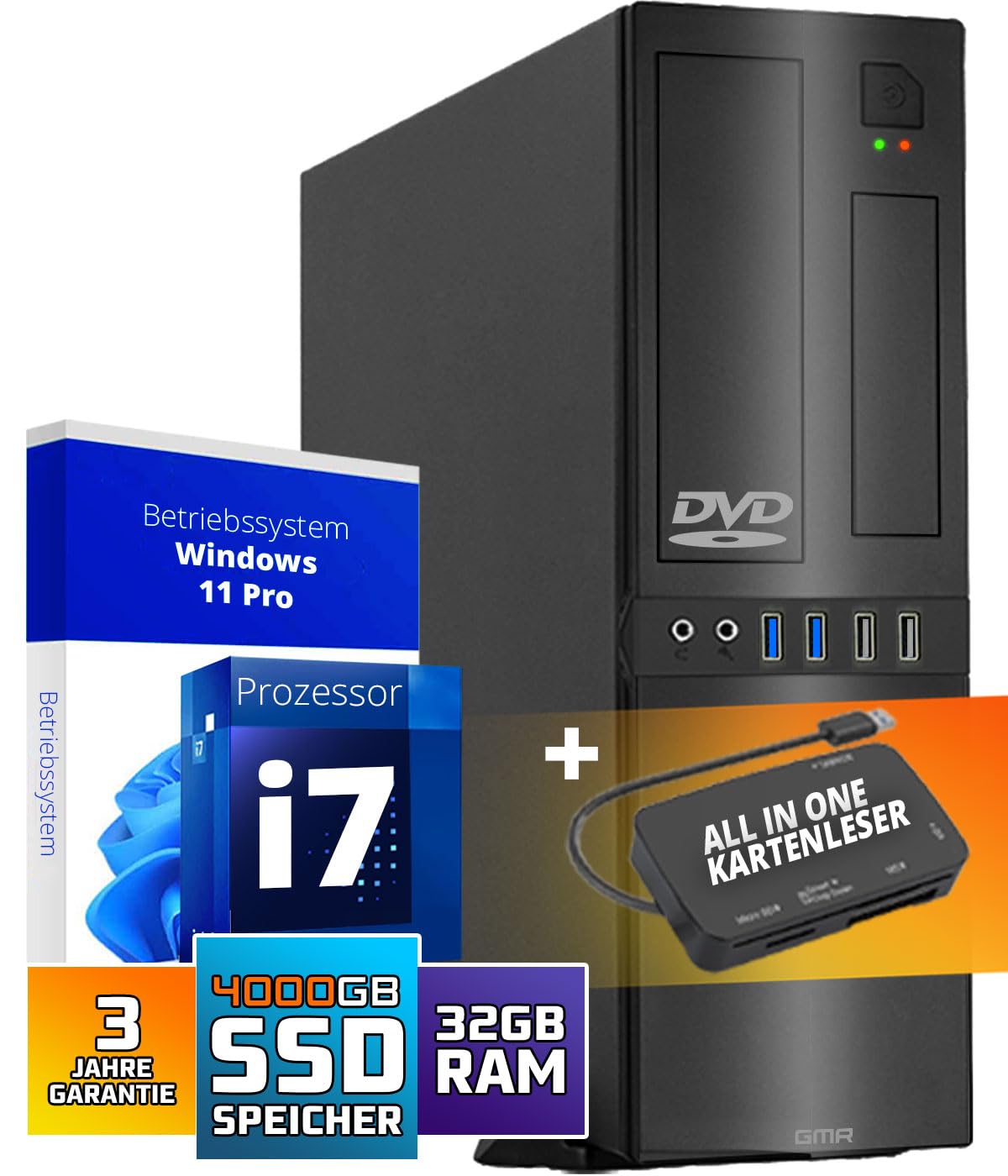 GMR Ultra Slim i7 Office PC, Computadora de Oficina de Negocios, garantía de 3 años, 32 GB RAM, 4000 GB SSD, DVD±RW, USB 3, Windows 11 Prof, WiFi Bluetooth