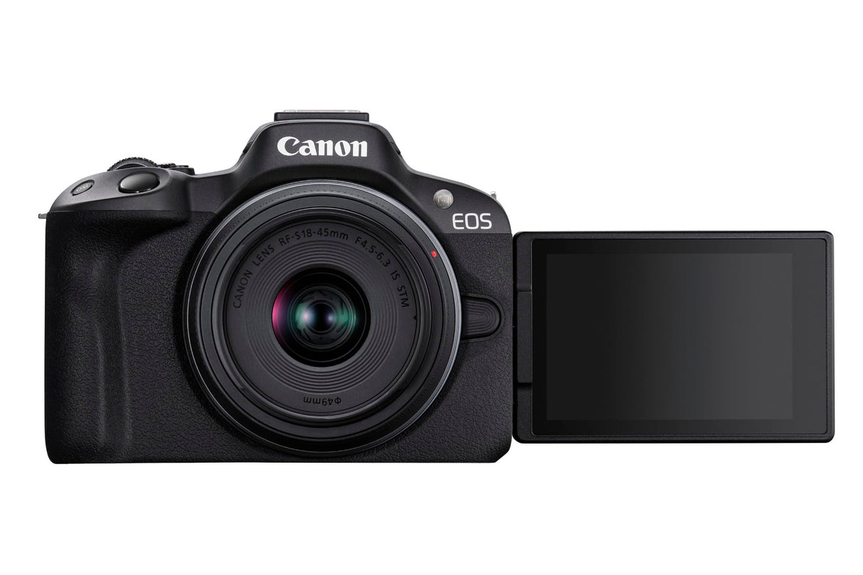 Canon EOS R50 Cuerpo Cámara Mirrorless + Objetivo RF-S 18-45 mm F4.5-6.3 IS STM, Cámara Evil APS-C (24,2 MP) -4 EV, Vídeo 4K 30 fps, Dual Pixel CMOS AF II, Pantalla Táctil de Ángulo Variable, Negro