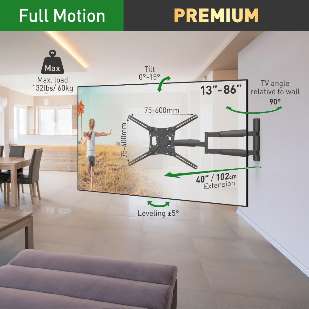 Barkan Soporte TV de Pared 102cm de Largo Inclinable y Giratorio, Articulado para Pantallas de 13-86 Pulgadas, Peso máximo 60Kg, Ultra Extensible, para LED OLED LCD, hasta VESA 600x400