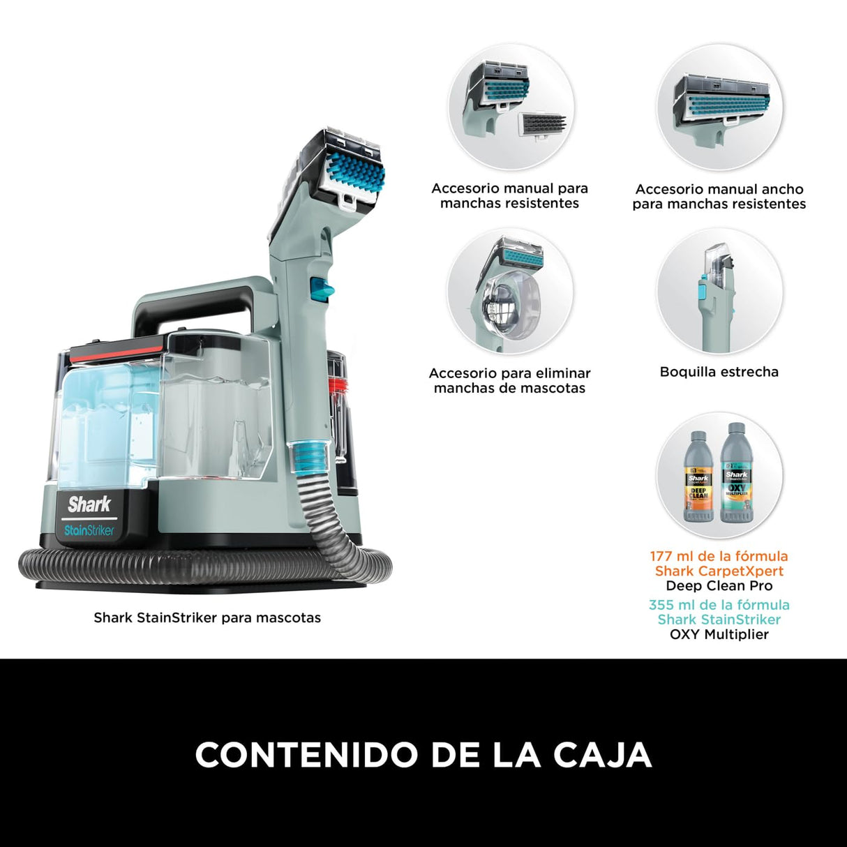 Shark StainStriker Limpiador de manchas con 5 accesorios, minicepillo para pelo de mascotas, boquilla estrecha, tubo de limpieza, 2 soluciones de limpieza incluidas, 450W, ligero, Gris, PX200EUCP