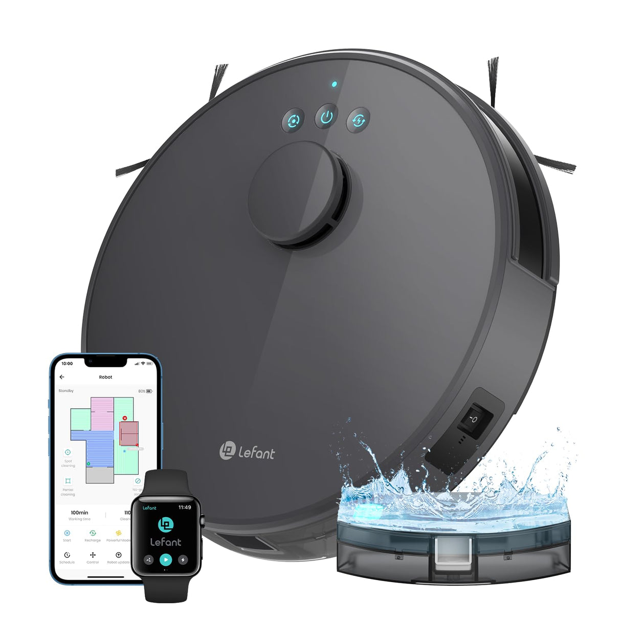 LEFANT M1 Robot Aspirador y Fregasuelos con mapeo, 5500Pa, 200 Min, Navegación Láser (LDS), Zona Prohibida, Aspirador Robot de 32 cm, Control WiFi/App/Alexa - Ideal para el Hogar Inteligente, Gris