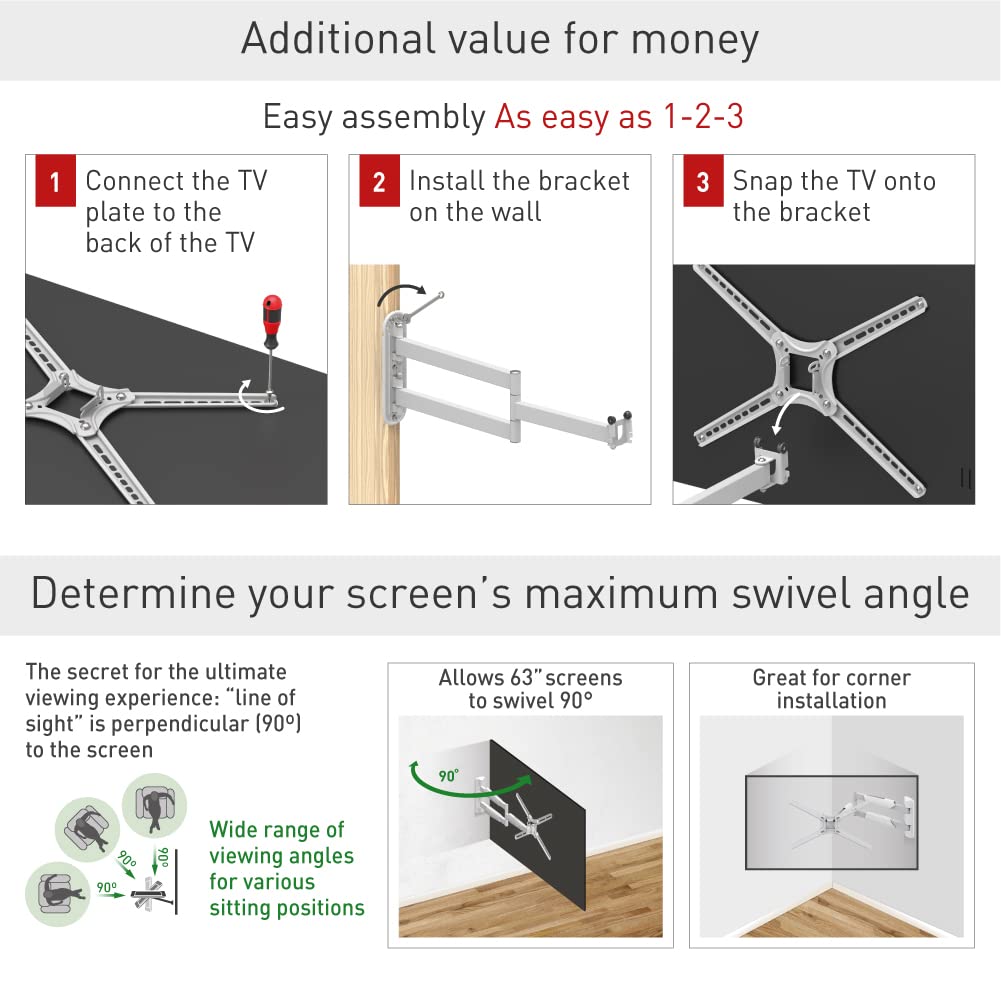 Barkan Soporte TV de Pared 76cm de Largo Blanco Inclinable y Giratorio, Articulado para Pantallas de 13-65 Pulgadas, Peso máximo 36Kg, Ultra Extensible, para LED OLED LCD, hasta VESA 400x400