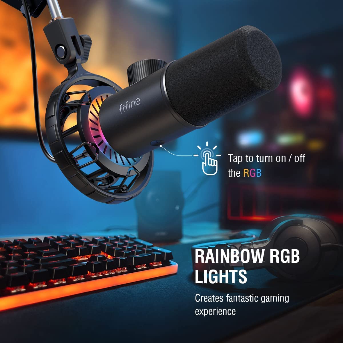 FIFINE Gaming Microfono para PC USB, RGB Micrófono de Dinámicos per Ordenador PS4 PS5, con Botón de Silencio & Conector para Auriculares de 3,5mm, para Podcasting Youtube
