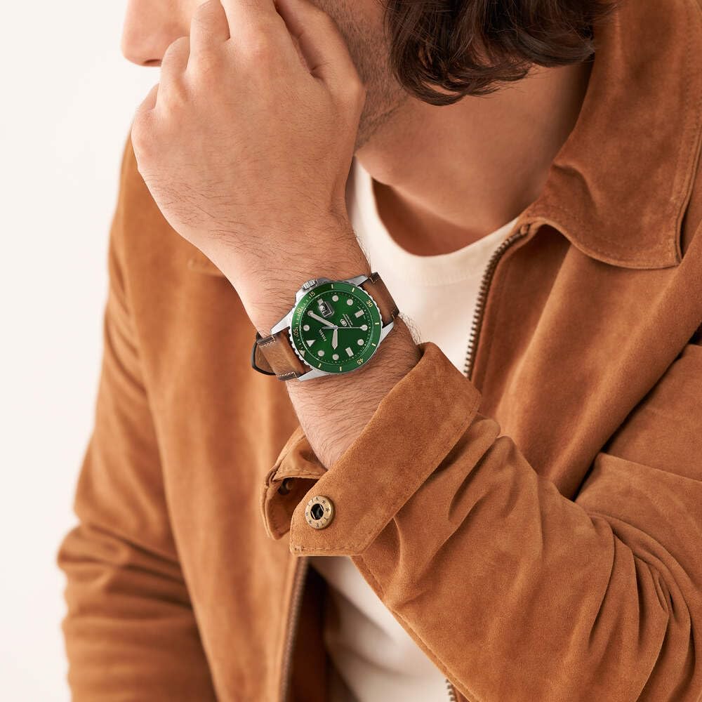 Fossil Reloj para hombre Azul, movimiento de cuarzo, caja de 42mm de acero inoxidable plateado con correa de piel Pro-Planet, FS5946, Verde