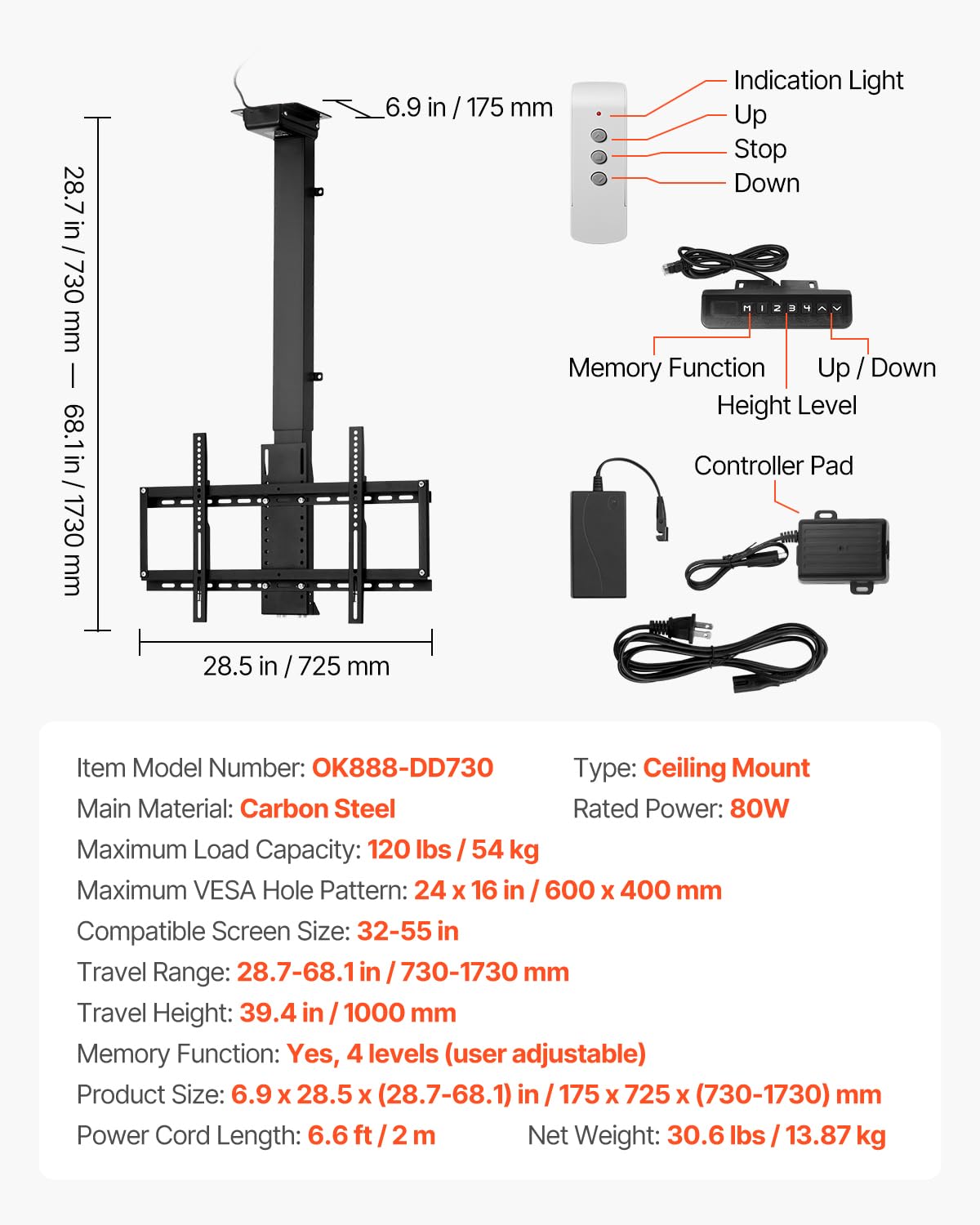VEVOR Soporte para TV de Pared motorizado, Marco Soporte para TV Dimensiones de 813 a 1397 mm, Marco Porta televisión Plegable Ajustable con VESA máx. 60 x 40 cm, Carga máx. 54 kg