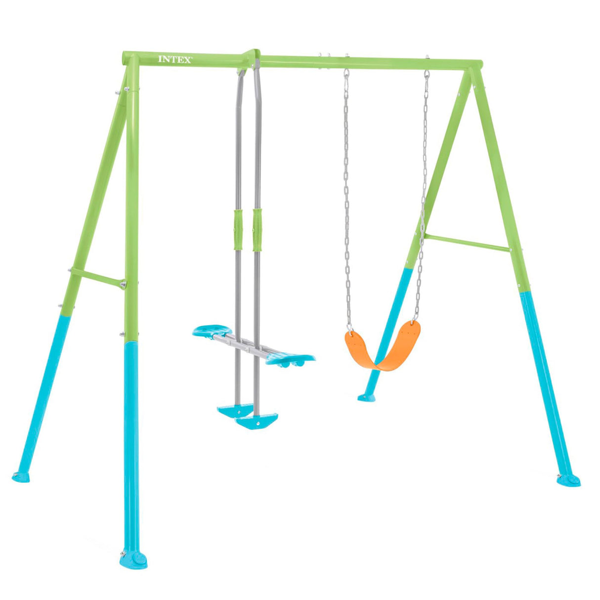 Intex Columpio Doble, Estructura Metal, con balancín Doble Plaza y Trapecio, Altura Regulable, hasta 240 kg, Columpios niños 3-10 años, Juegos Exterior, Certificado CE (59002)