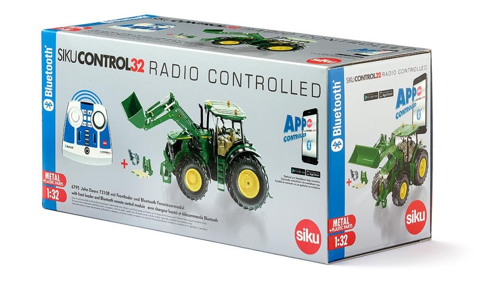siku 6795, Tractor John Deere 7310R con cargador frontal, Verde, Metal/Plástico, 1:32, Teledirigido, Incl. mando a distancia bluetooth y accesorios, Control posible mediante app móvil