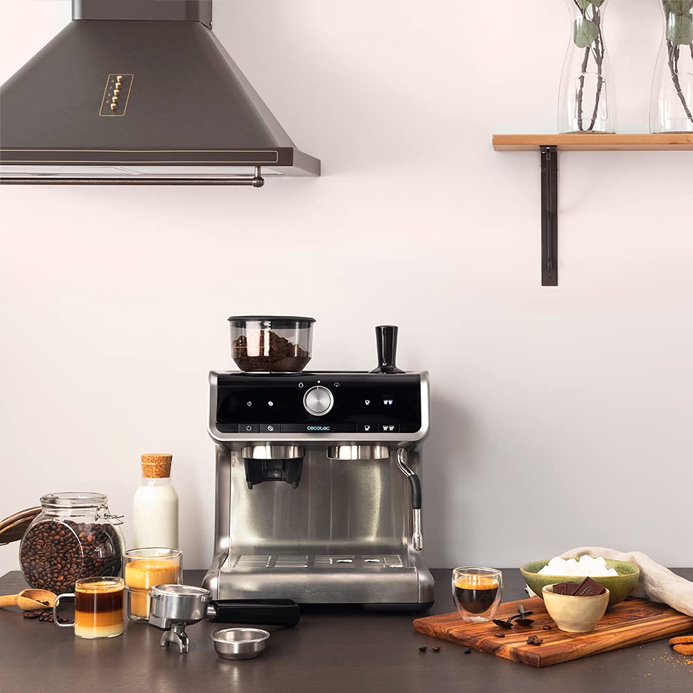 Cecotec Cafetera Express con Brazo con Doble Salida Power Espresso 20 Bares Barista Cream, 1550 W, Depósito de Café en Grano 250g, Molinillo 30 Niveles, Thermoblock, Depósito Agua 2.5 L, Acero Negro