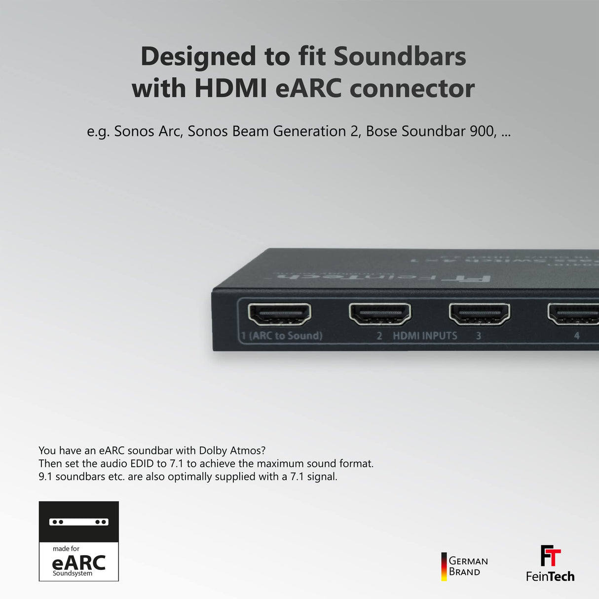FeinTech VAX04101 HDMI eARC Pass Switch 4x1 para Barra de Sonido y videoproyector o televiso 4K Dolby Atmos