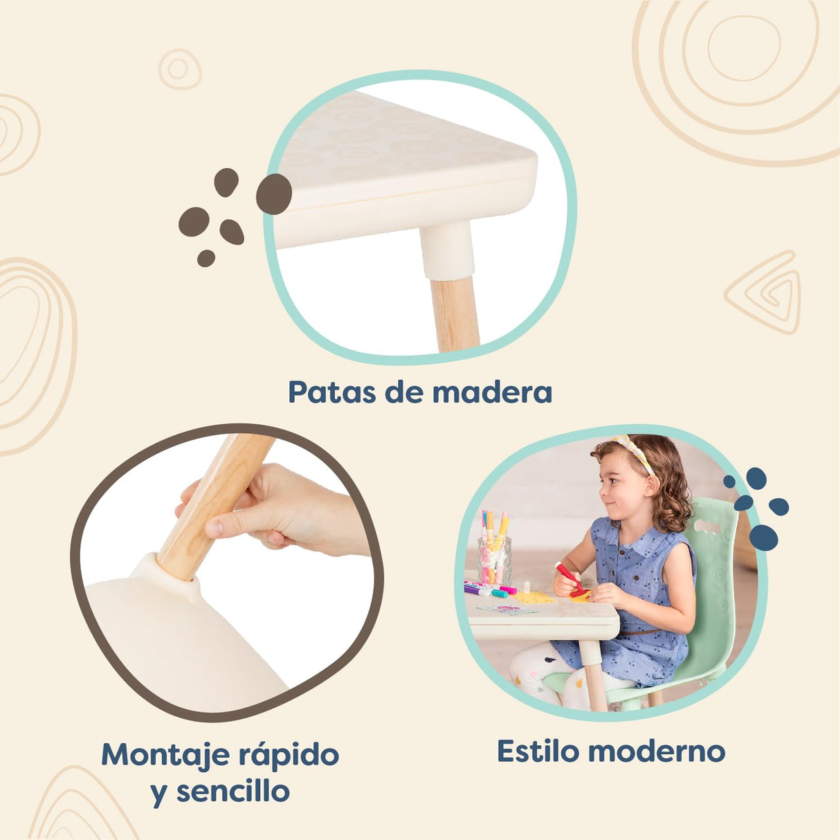 B. Spaces by Battat - Juego de Muebles Infantiles - 1 Mesa y 2 Sillas Infantiles con Patas de Madera Natural (Marfil y Madera Natural)