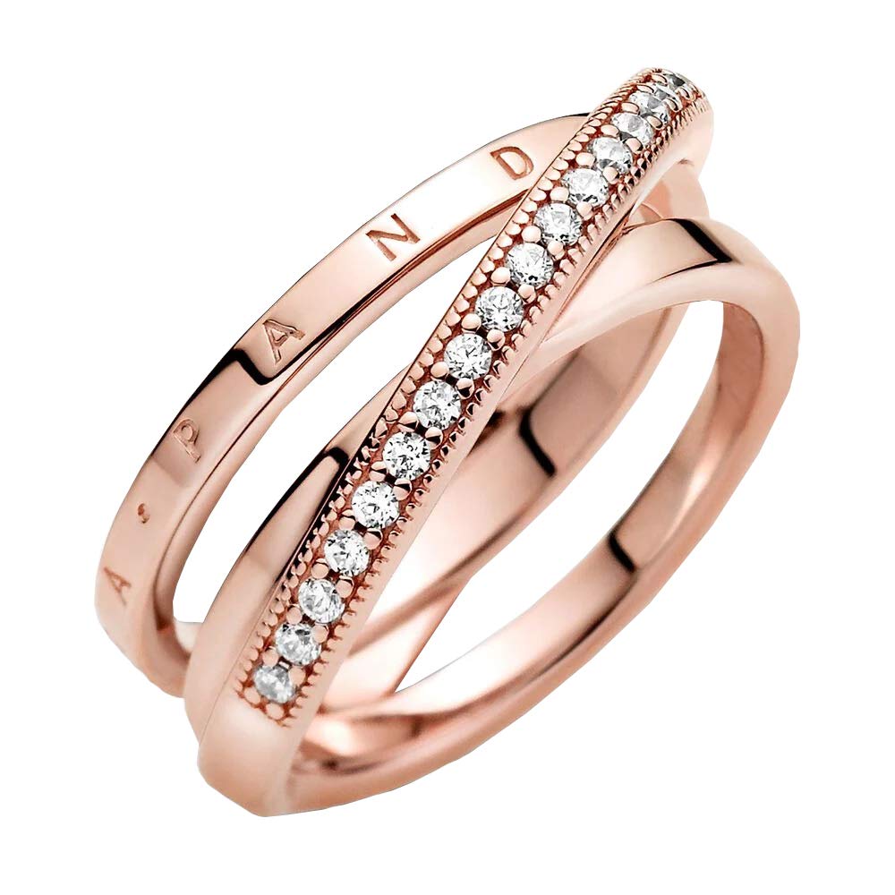 PANDORA Signature Anillo con triple banda cruzada con engaste pavé chapado en oro rosa de 14 quilates con circonitas cúbicas transparentes, talla 52