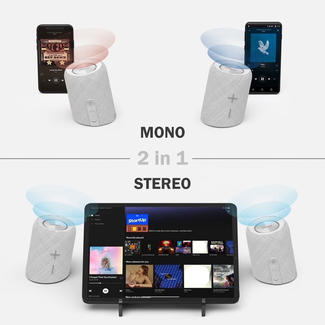 Hama | Juego de Altavoces Bluetooth 2 en 1 Twin 3.0 Resistentes al Agua 30 W (Juego de Altavoces, Divisibles, Inalámbrico, 2 Cajas portátiles Bluetooth, Resistente al Agua IP67) Color Blanco