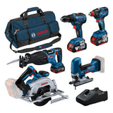 Bosch Professional Juego de GSR 18V-55 + GST 18V-125 S + GKS 18V-57-2 + GSA 18V-28 + GDX 18V-200 (incluye 3 baterías de 4,0 Ah, cargador GAL 18V-40, en bolsa de herramientas grande)