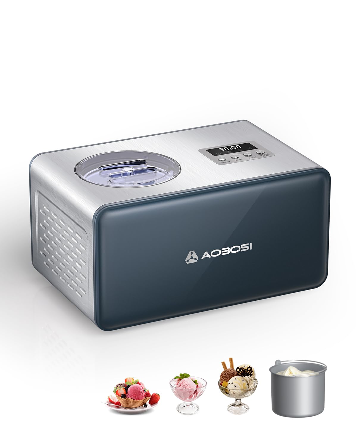 Aobosi Heladora&Gelato Sorbete Helado Yogurt Maker,Máquina de helados con pantalla LED y temporizador,Fácil de operar,Acero inoxidable,1.5L,Paleta mezcladora desmontable
