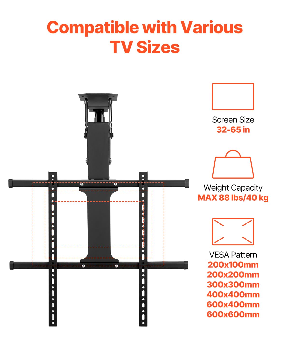 VEVOR Soporte para TV de Techo motorizado, Marco Soporte para TV Dimensiones de 813 a 1651 mm, Marco Porta televisión Plegable Ajustable con VESA máx. 60 x 60 cm, Carga máx. 40 kg