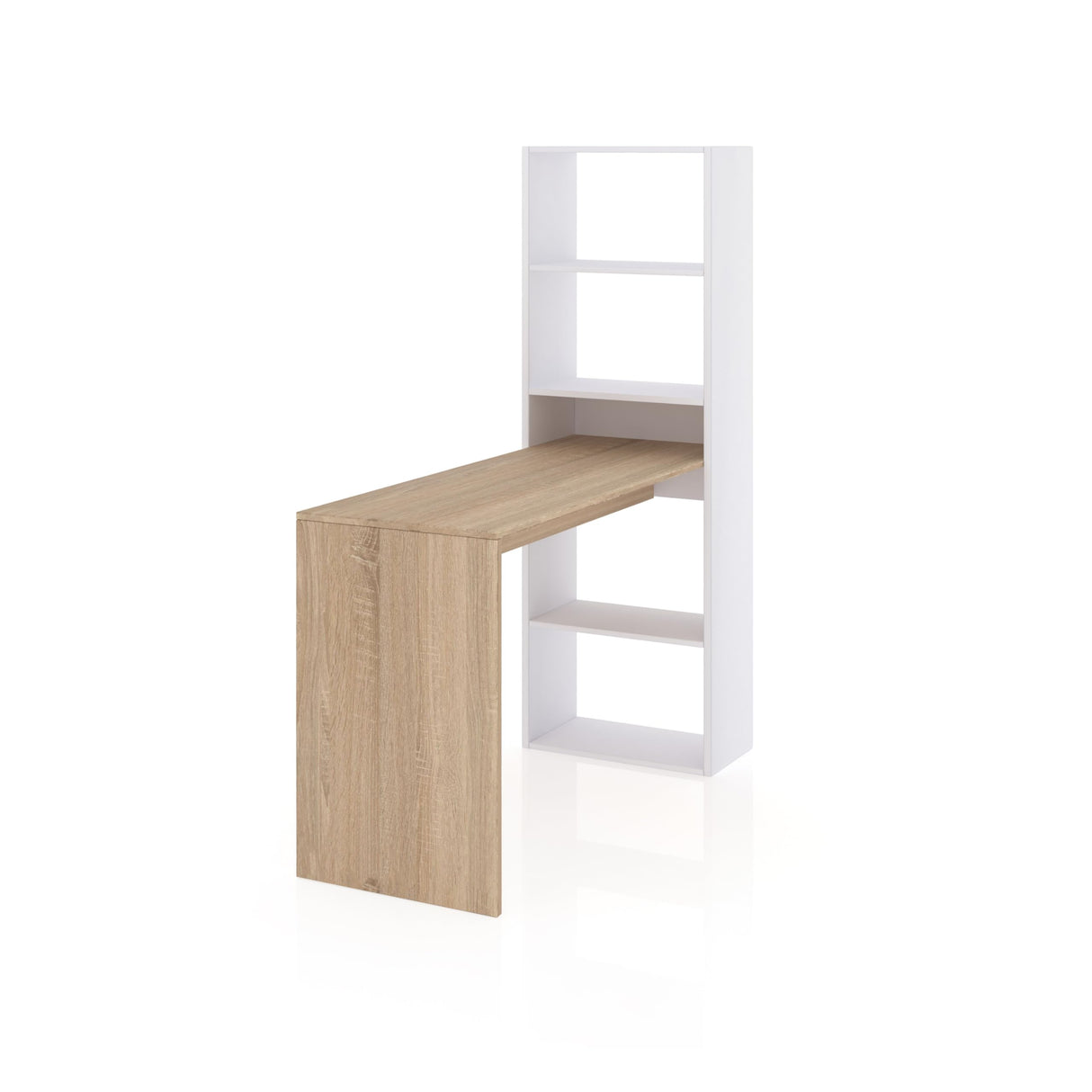 duehome | Escritorio Juvenil con Estanteria Reversible, Mesa de Ordenador, Modelo Cosmic, Acabado en Blanco Artik y Roble Canadian, Medidas: 120 cm (Largo) x 53 cm (Ancho) x 144 cm (Alto)
