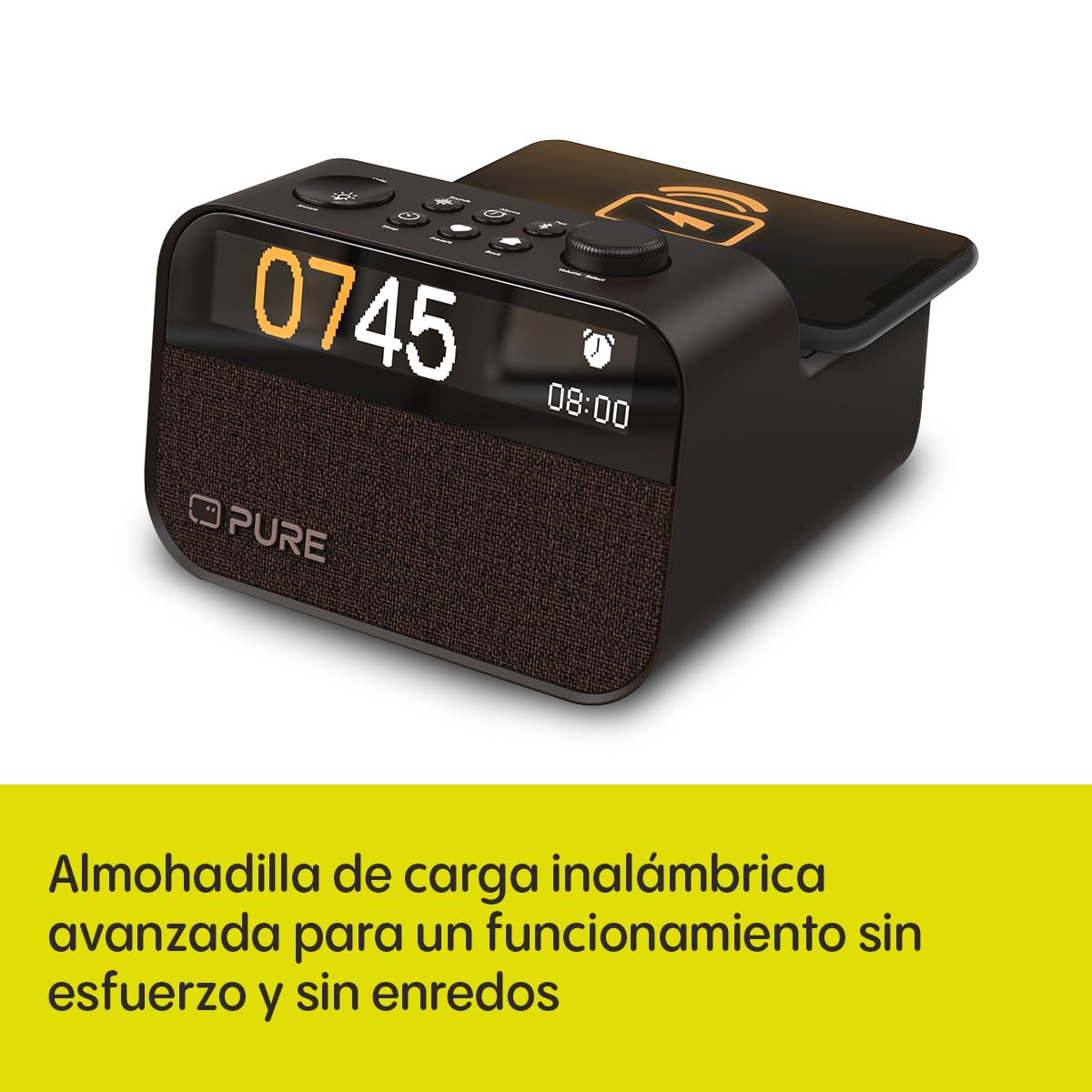 Pure Radio Reloj, luz de Despertador, Altavoz BT, Negro, Cargador inalámbrico