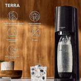 SodaStream Terra Pack - Máquina Gasificadora de Agua Color Negro, Incluye 1 Botella Fuse de 1L 2 Botellas Fuse de 0,5L y 1 Cilindro de Gas Color Rosa, Para Preparar Hasta 60L de Agua con Gas