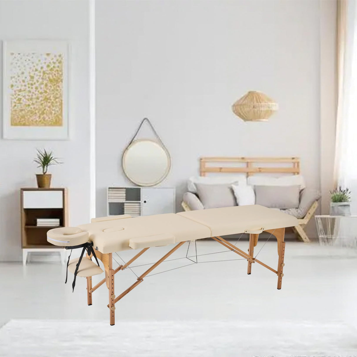 YOUNIKE Camilla de Masaje Plegable Portátil Profesionales Estetica 2 Zonas Fisioterapia Camilla Tatuaje Massage Table Camilla para Pestañas Ajustable Altura y Reposabrazos Extraíbles Beige