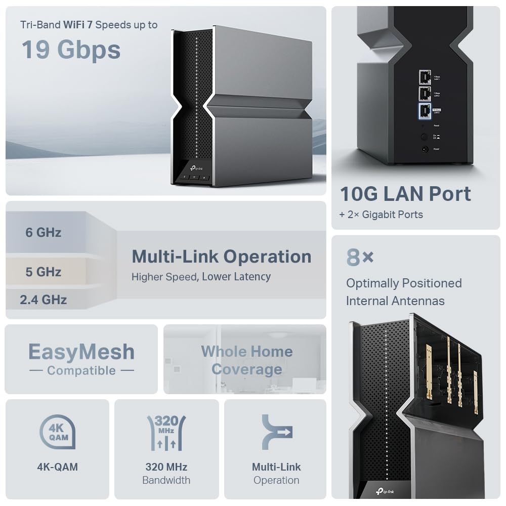 TP-Link RE800BE Extensor de Cobertura WiFi 7 RE800BE, Banda Triple hasta 19 Gbps, Puerto Ethernet de 2.5 Gbps, Tecnología BE19000, Modo Punto de Acceso, Compatible con Todos los Routers WiFi