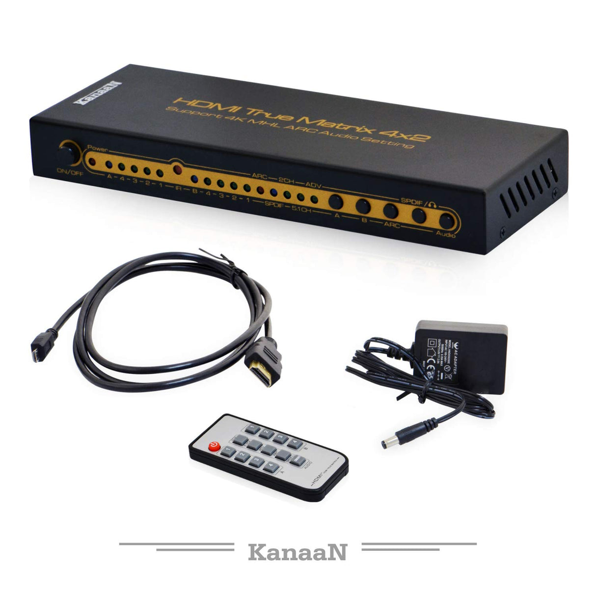 Leicke KanaaN KN40543, UHD Matrix 4x2 Splitter Switcher Full HD, UJD, 4K, 4K*2K, ARC, MHL,HDMI 1.4, Mando a distancia, Salida adicional para el audio, SPDIF y jack de 3,5mm, Stereo, Dolby 5.1 Surround HDMI 1.4