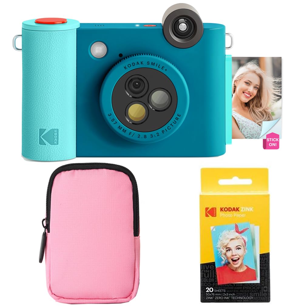 KODAK Smile+ - Paquete de iniciación de cámara instantánea Digital e Impresora fotográfica 2 en 1, Funda Suave + Papel Zink, 10 MP, Lente giratoria, Color Azul