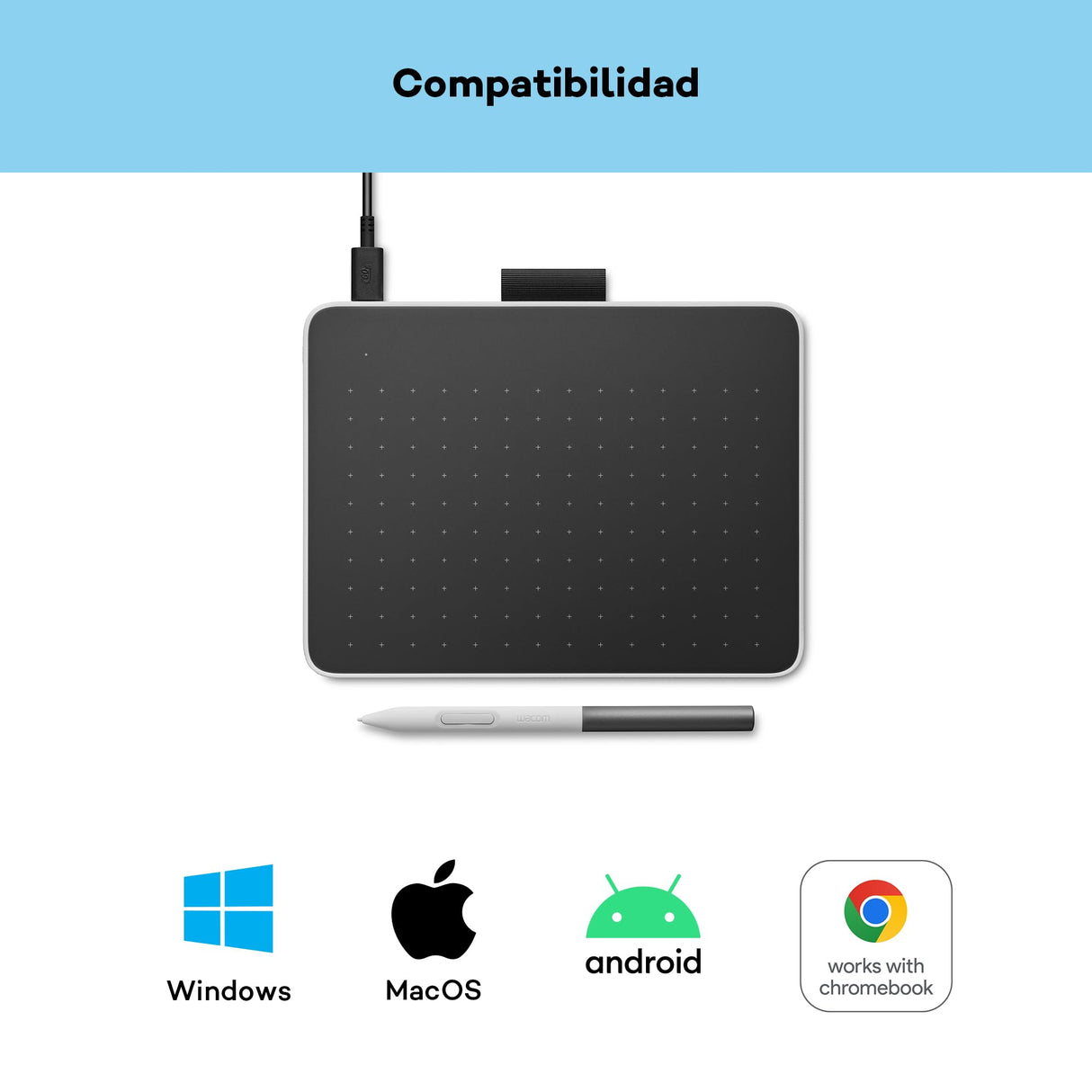 Pen Tablet Wacom One S, Que Incluye un lápiz con tecnología de resonancia electromagnética (EMR) sin Pilas, conexión Bluetooth, para Windows, Mac, Chromebook y Android: Ideal para creativos