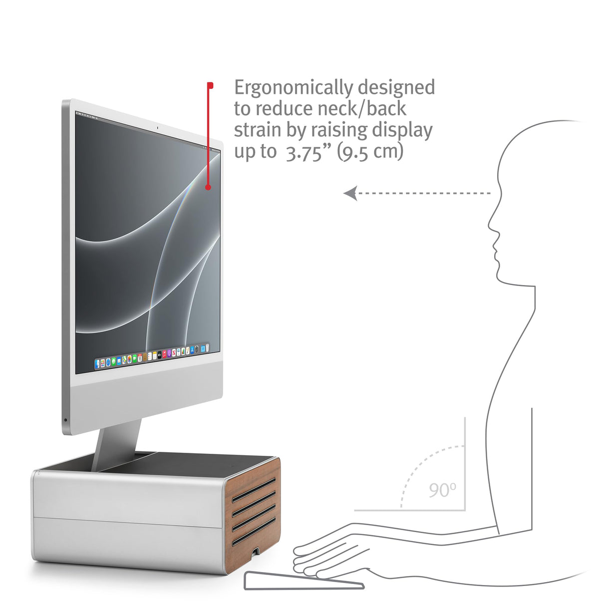Twelve South HiRise Pro para iMac/Pantallas/Monitores | Soporte Ajustable en Altura con Almacenamiento, Frontal Reversible + Revestimiento de Cuero (Plata)