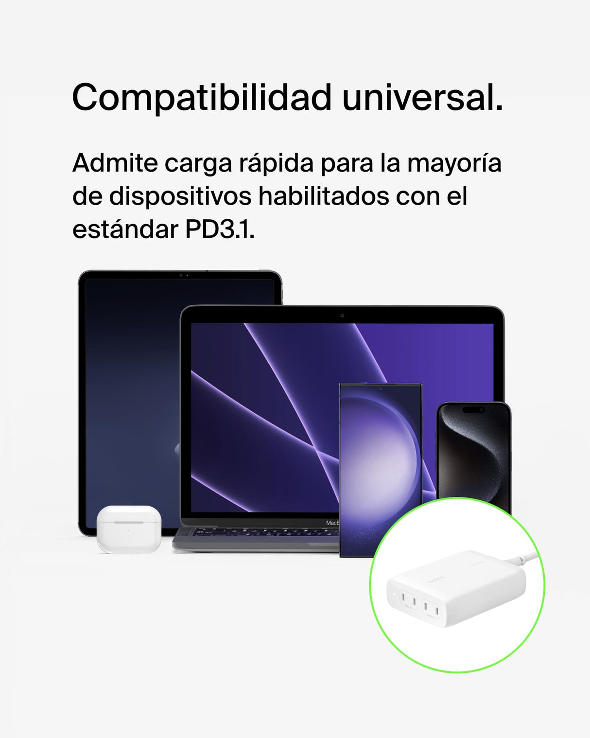 Belkin Cargador de Pared USB-C GAN con 4 Puertos BoostCharge Pro, multipuerto con USB-C PD 3.1, Carga rápida, Cable de 1,5 m, MacBook Pro, Serie iPhone 15, iPad Pro, Galaxy S24, Google Pixel y Otros