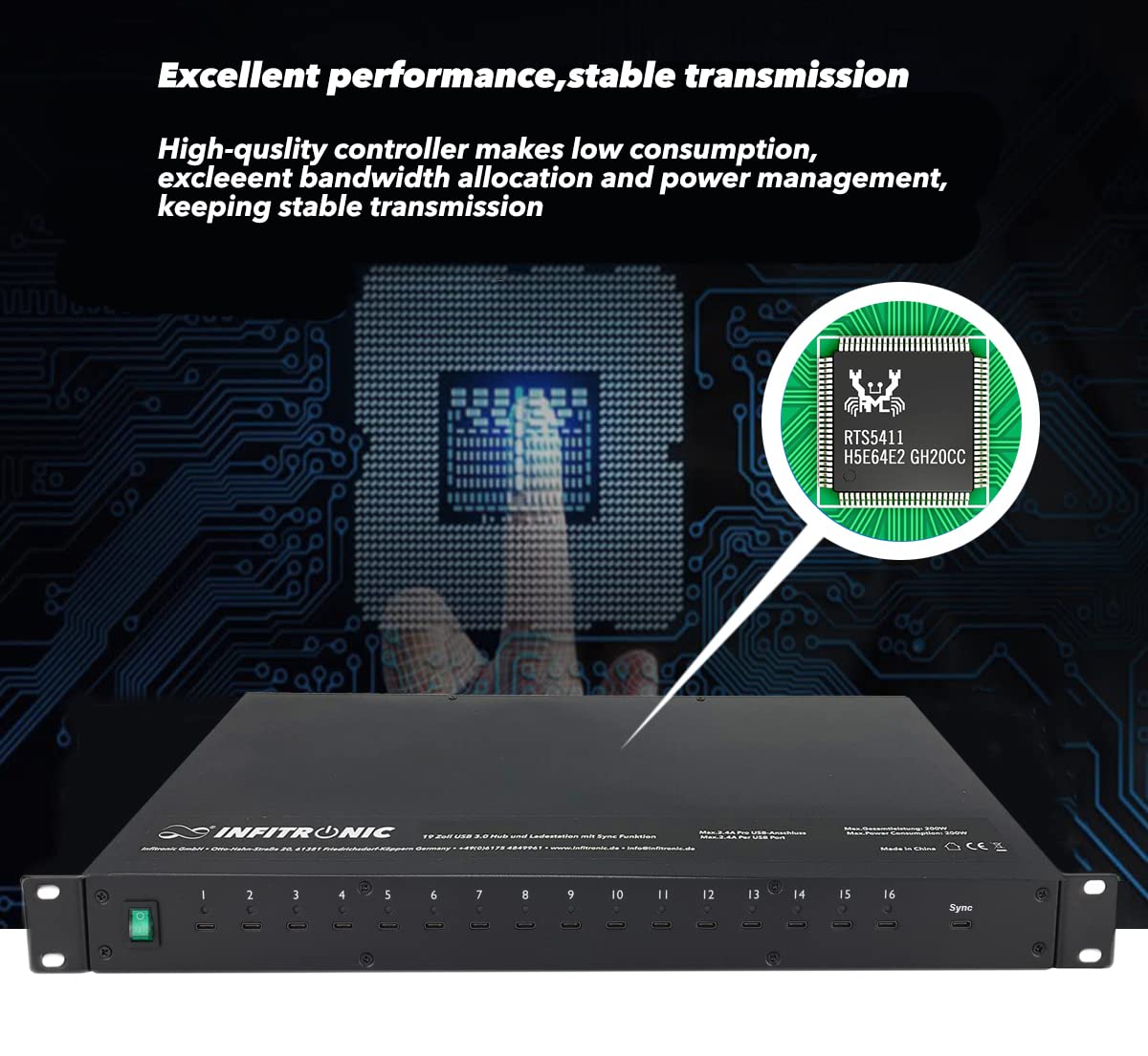 INFITRONIC - IN19PLG003-19 Pulgadas USB-C 3.0 Hub16 Puertos con estación de Carga y sincronización (Montaje en Rack de 1 UE)