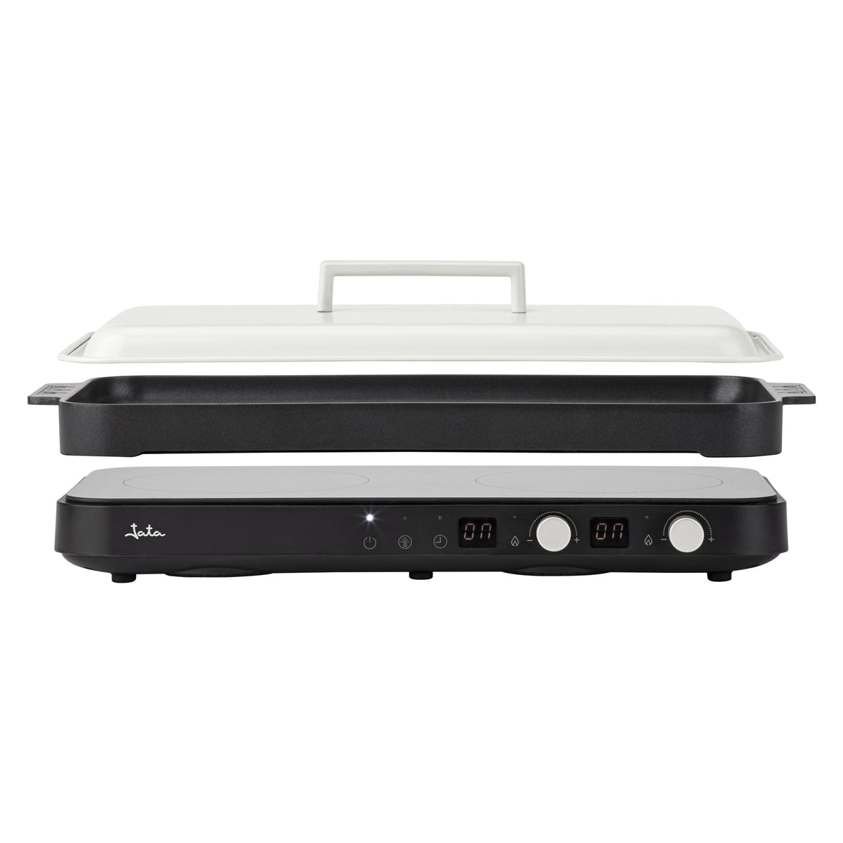 JATA JEVI1470 - Placa Induccion Portatil de 2 Fuegos + Plancha Cocina. 2800 W. Con tapa Antisalpicaduras. Hasta 230ºC. Con Temporizador de 99 minutos.