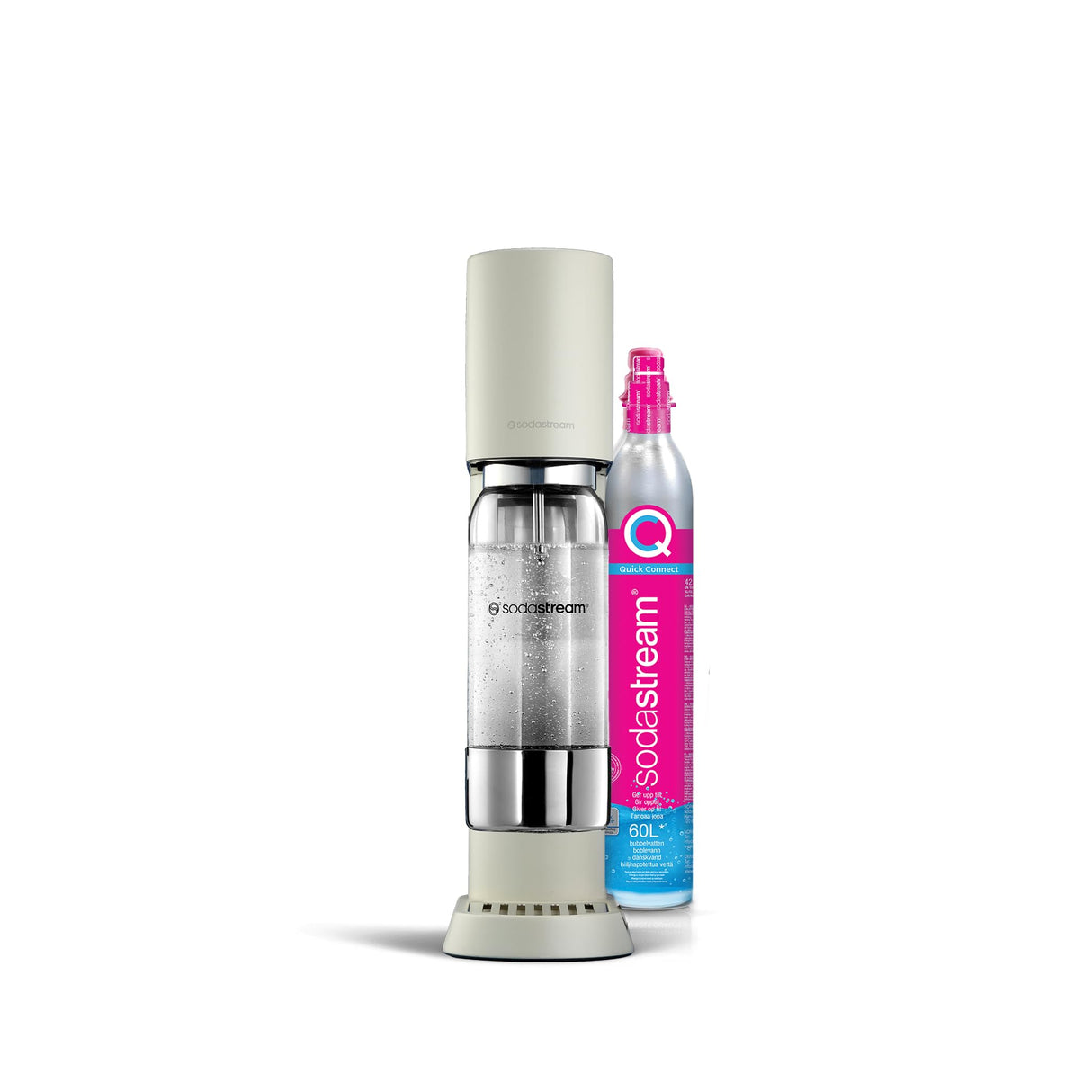 SodaStream ensō - Máquina de agua con gas y soda | Pack 1 botella 1 L compatible con lavavajillas + 1 recarga de gas de 60 L para Clipser | Acabado blanco arena