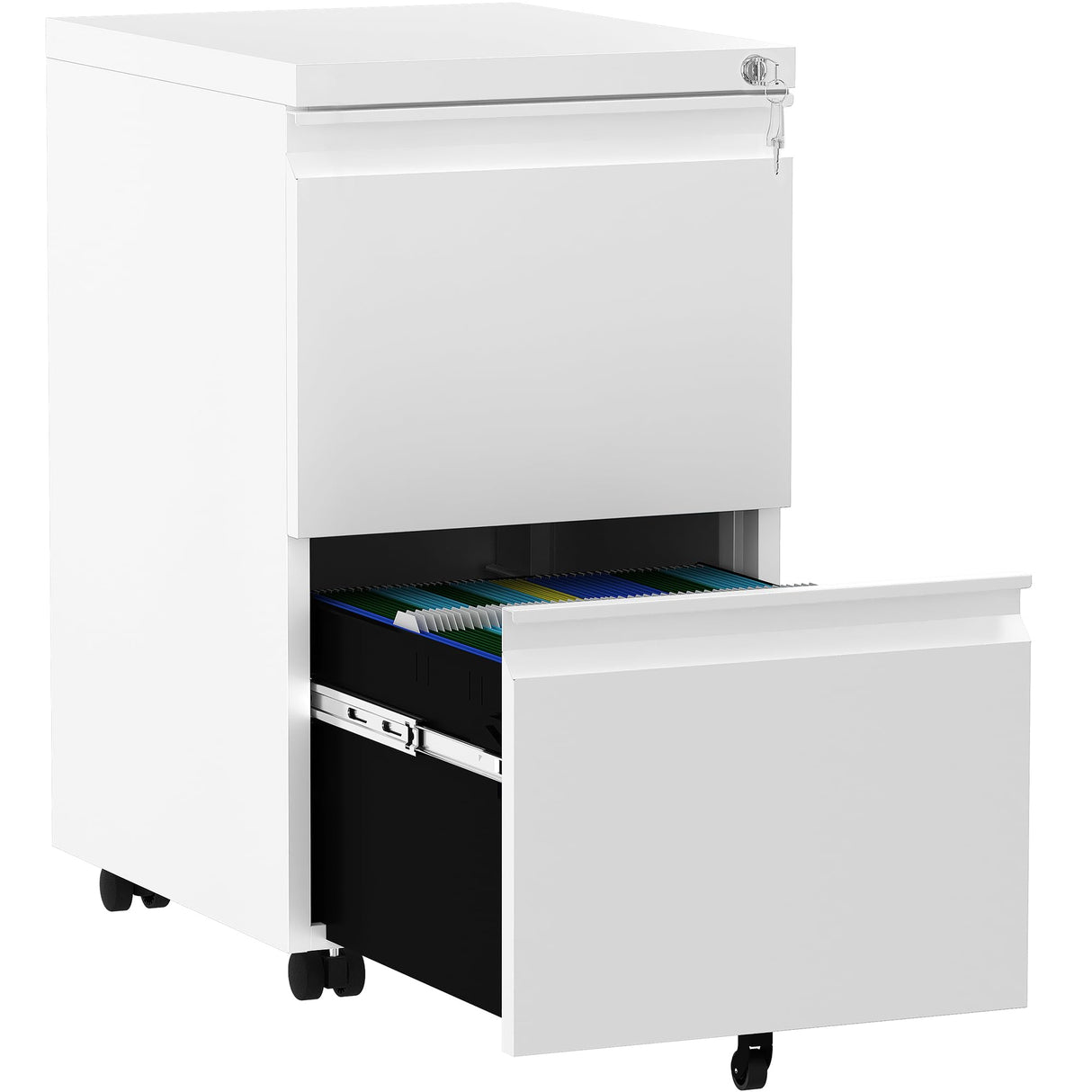 YITAHOME Archivador móvil con 2 cajones con cerradura, archivador antivuelco con rueda para oficina en casa, blanco, 51x39x71 cm