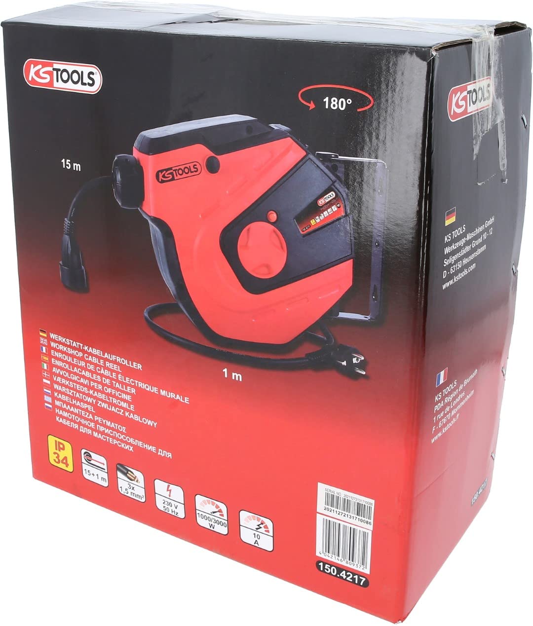 KS Tools 150.4217 Enrollacables de taller, 15m, 1,5mm²