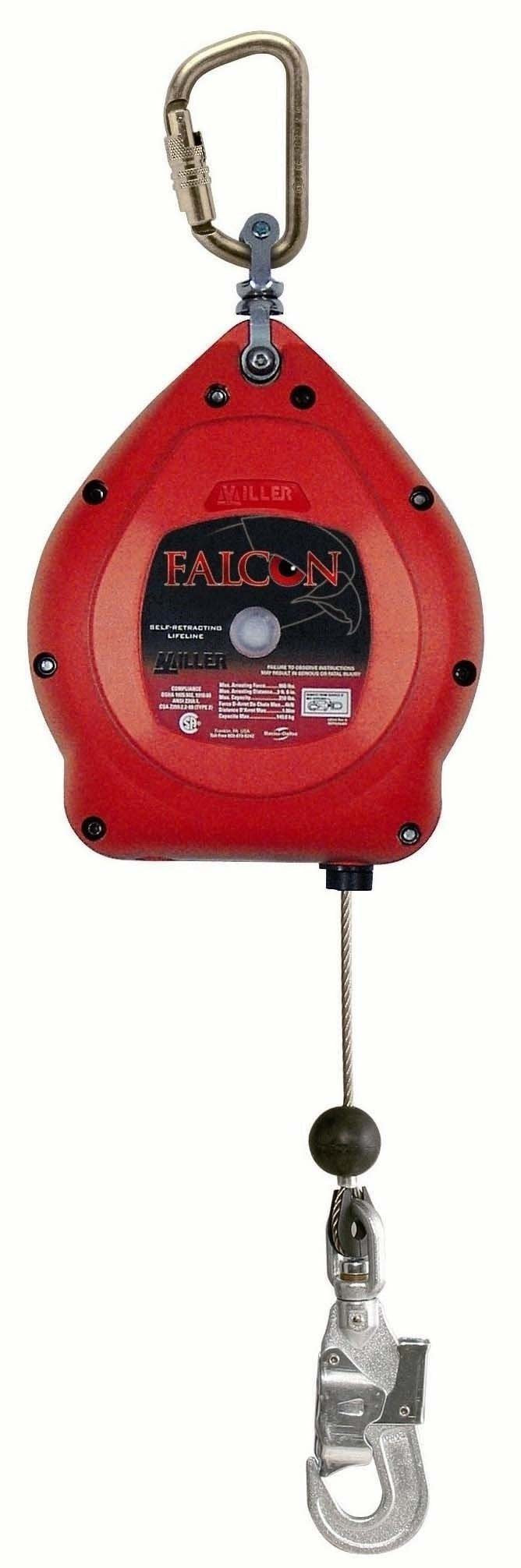 MILLER by Honeywell 1011729 Falcon+ Línea de vida autorretráctil 6.2M de longitud, alambre de acero inoxidable, sistema de frenado interno, conector superior de mosquetón de tornillo